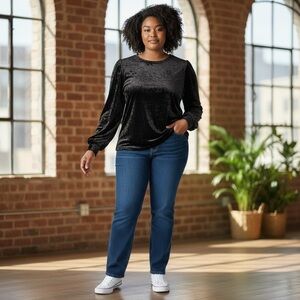 Adyson Parker Top 2X Black Crushed Velvet Puff Sleeves Pullover Stretch NWT